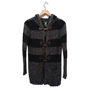 Devoted Long Black & Gray Marle Striped Toggle Closure Hooded Cardigan Sz XS